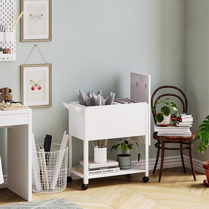 Mobile File Cart with Lock, Rolling File Cabinet Hanging Letter/Legal File Folders with Lockable Sliding Cover, White File Organizer on Wheels