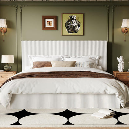 King Bed Frame, Adjustable Corduroy Headboard, Platform, White