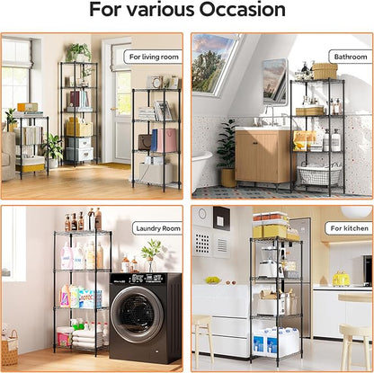 M MZG 4 Tiers Shelf Metal Storage Shelves Wire Rack Closet Organizers with Wheel for Garage Kitchen Bathroom Laundry Black 11.8" D x 17.7" W x 41.9" H
