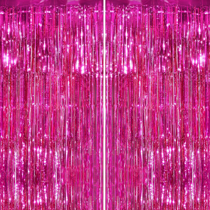 2Pack Hot Pink Metallic Tinsel Foil Fringe Curtains Backdrop for Pink Party Birthday Wedding Bachelorette Baby Shower Holiday Party Decorations Photo Booth Props, Bachelorette Christmas Party Decors