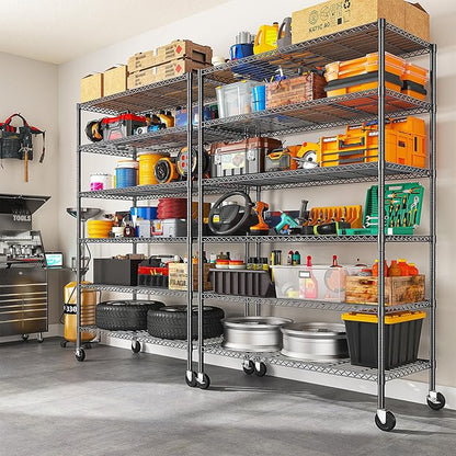 Romorgniz 82" H X45 W X18 D Storage Shelves with Wheels, 6 Tier Wire Shelving Adjustable Metal Shelving Pantry Shelves Capacity 1200LBS for Garage Shelving, Pantry, Kitchen, Closet, Black,2P