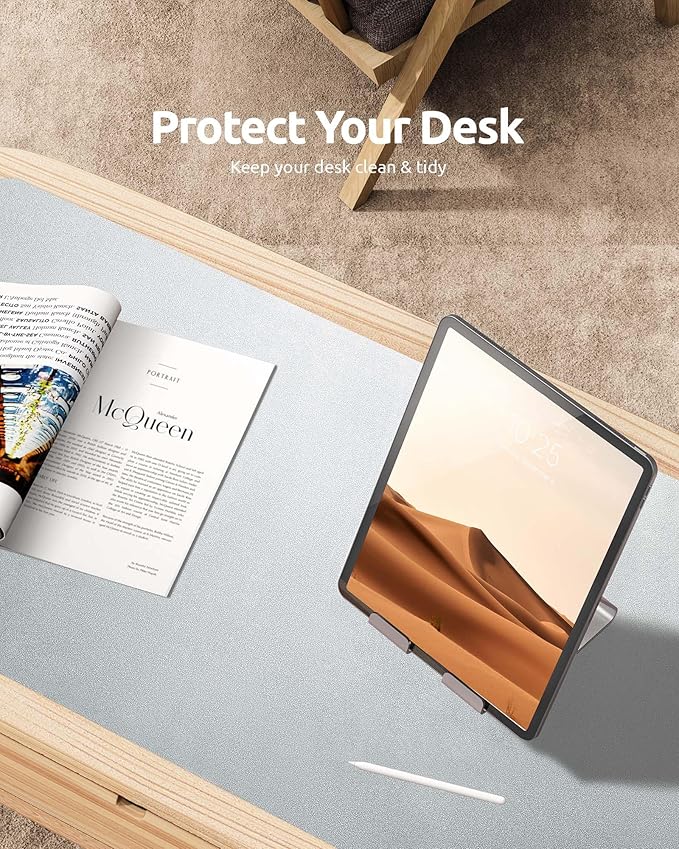 YSAGi Leather Desk Pad Protector, Office Desk Mat, Large Mouse Pad, Non-Slip PU Leather Desk Blotter, Laptop Desk Pad, Waterproof Desk Writing Pad for Office and Home (Silver, 31.5" x 15.8")