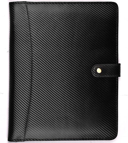 LEATHER VILLAGE Portfolio Professional Organizer– Carbon Fiber Genuine Leather Padfolio Resume Folder for A4 Letter Pad with Pen Holder, Business Card Slots – Ideal for Men & Women- Black Orange