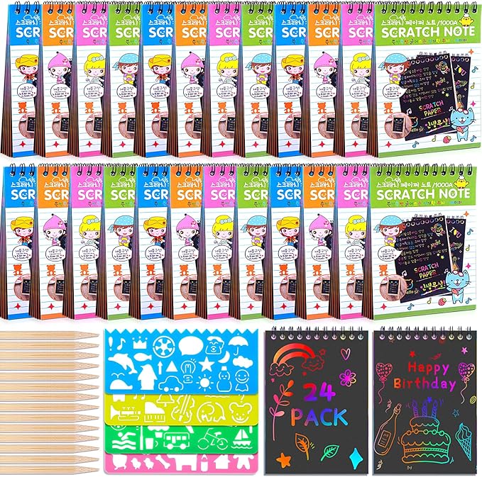 POKONBOY 24 Pack Rainbow Scratch Paper Arts Notebooks, Scratch Note Pads for Kids Rainbow Party Favors Coloring Books for Girls Boys Art Party Supplies