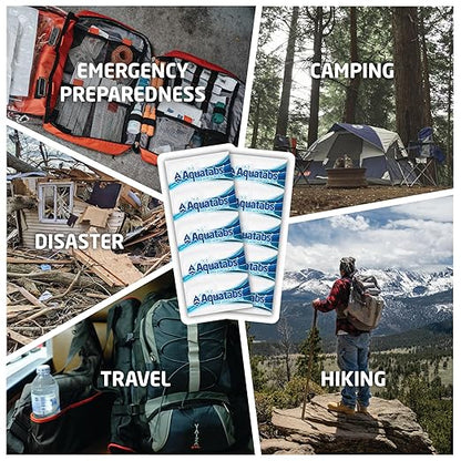 Aquatabs 49mg Water Purification Tablets (50 Pack). Water Filtration System for Hiking, Backpacking, Camping, Emergencies, Survival, and Home-Use. Easy to Use Treatment and Disinfection.
