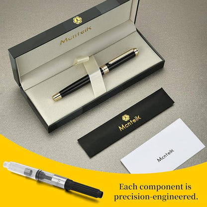 MCNTEIK 317 Fountain Pen,Stunning Luxury Piano Lacquer,18K Gilded Nib(Medium),Gorgeous 24K Gold Finish, Ink Converter,Trustworthy Gift for Men&Women-Elegant,Executive,Nice Pens for Writing, BK-M