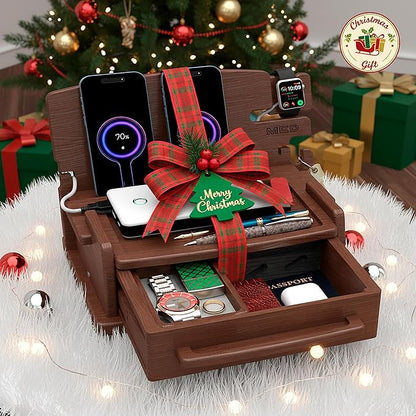 MED Wood Phone Docking Station – Nightstand Desk Organizer for Phone, Watch, Wallet & Tablet – Gift for Men, Husband, Dad & Women – Wooden Charging Stand (Dark Walnut, Model 3)