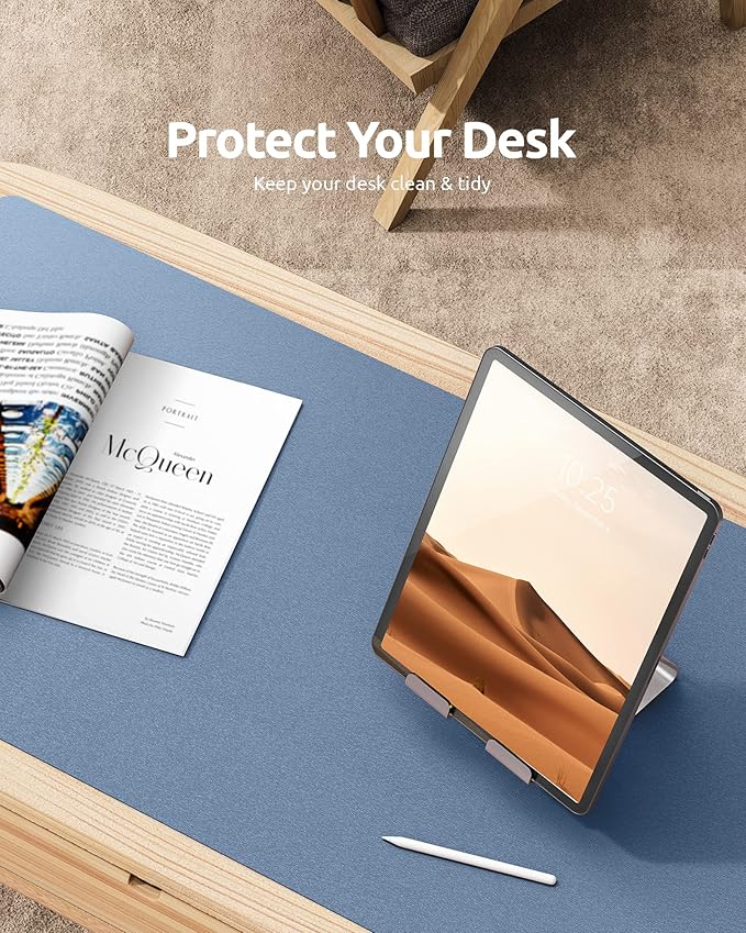 YSAGi Leather Desk Protector, Office Mat, Large Mouse Mat, Non-Slip PU Leather Blotter, Laptop Desk, Waterproof Writing Pad for Office and Home (Blue, 23.6" x 13.8")