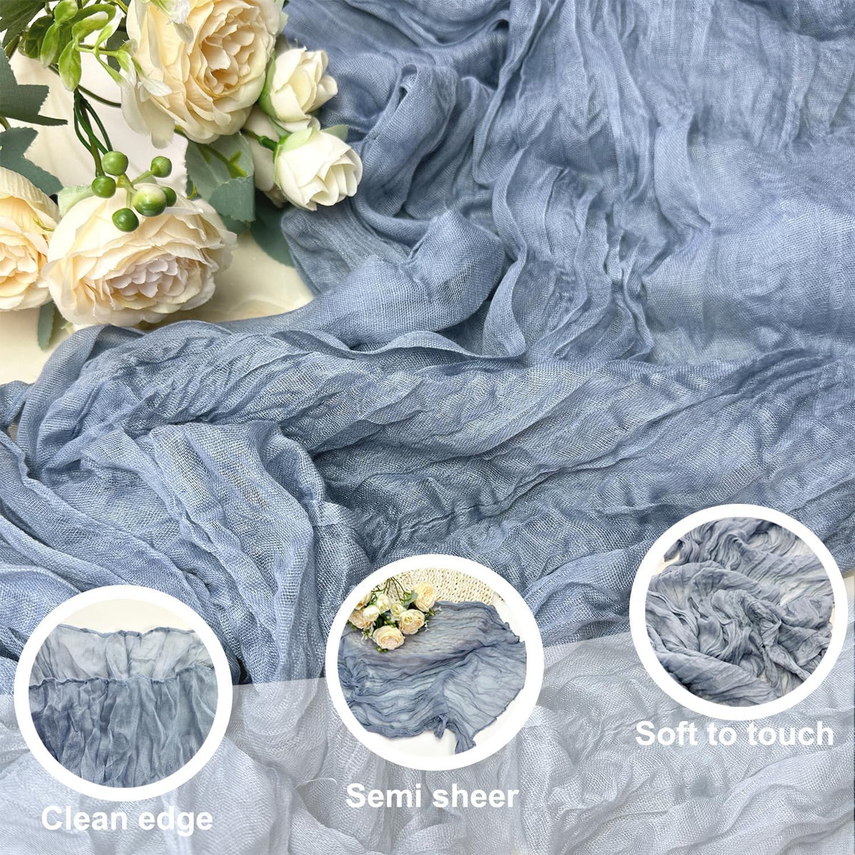 Booque Valley Dusty Blue Cheesecloth Table Runner 10ft Super Soft Boho Wrinkled Gauze Sheer Cloth for Baby Shower Baptism Birthday Party Wedding Centerpiece Table Decoration, 35x120 Inch