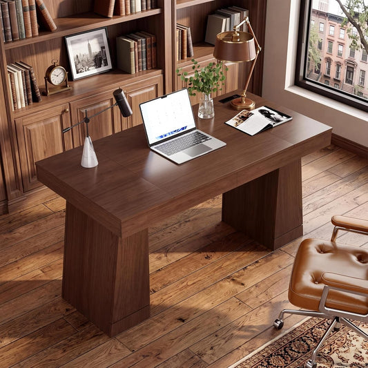 55" Executive Desk w/Power Outlets, Hidden Cabinet Home Office, Brown