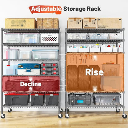 Romorgniz 82" H X45 W X18 D Storage Shelves with Wheels, 6 Tier Wire Shelving Adjustable Metal Shelving Pantry Shelves Capacity 1200LBS for Garage Shelving, Pantry, Kitchen, Closet, Black,2P