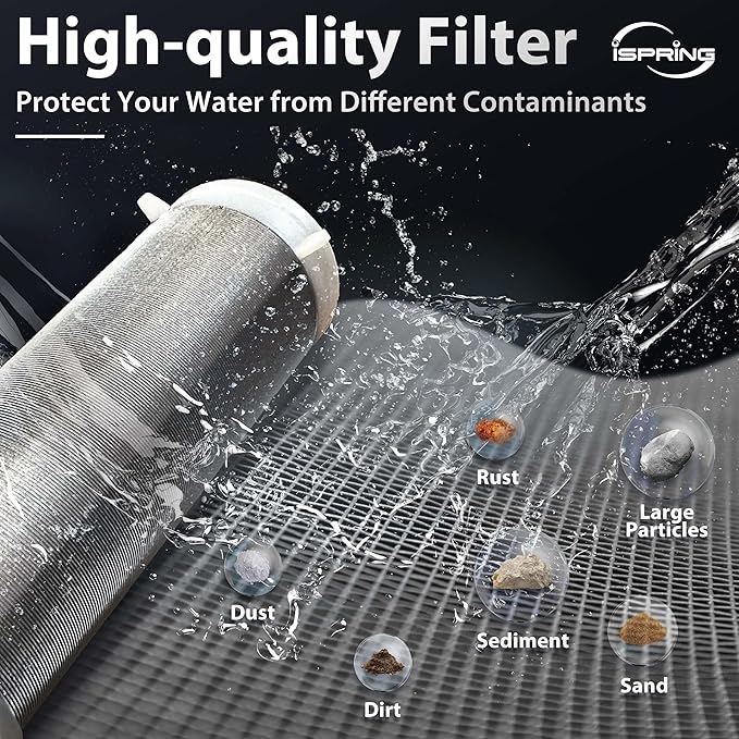 iSpring WGB21BM 2-Stage Whole House Water Filtration System, 10” x 4.5” Carbon Block and Iron & Manganese Reducing Filters, 1" Ports and iSpring WSP-50SL Reusable Whole House Spin Down Sediment Water Filter Softener, Includes Siliphos Helps Prevent Sca...
