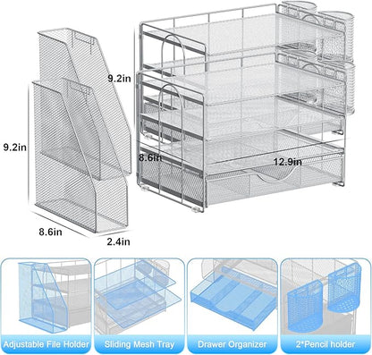gianotter Desk Organizers and Accessories with File Holder, 4-Tier Desk Accessories & Workspace Organizers with Drawer and 2 Pen Holder, Paper Organizer for Office Supplies (Grey)