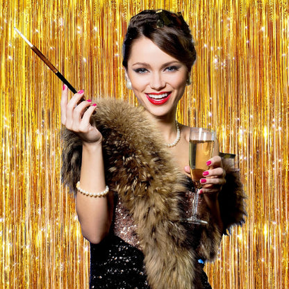 2Pack Gold Party Streamers, Gold Metallic Tinsel Streamers for Birthday Wedding Party Decors Graduation, Baby Shower, Photo Booth Props for Bachelorette Decors Xmas Halloween Party Supplies Backdrop