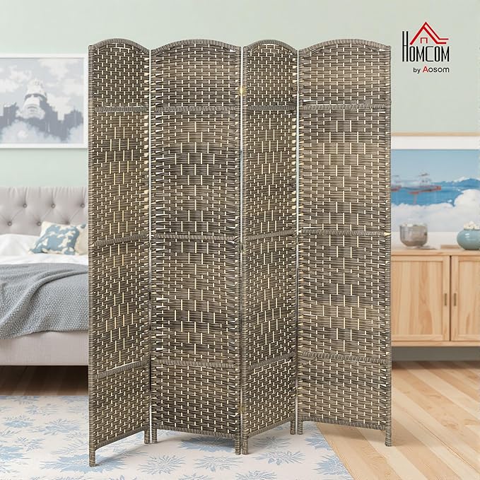 HOMCOM 4 Panel Room Divider, 6' Tall Folding Privacy Screen, Hand-Woven Freestanding Wall Partition for Home Office, Bedroom, Dark Rustic Oak