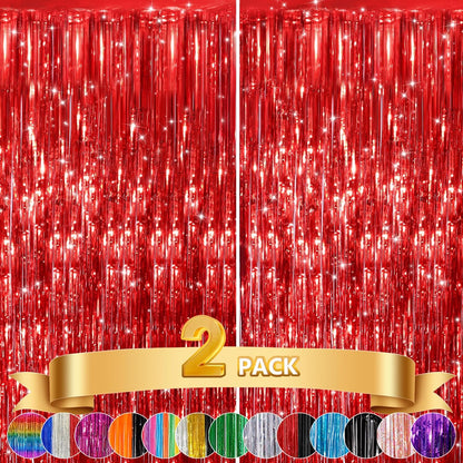 2Pack Red Foil Fringe Curtain, Glitter Red Metallic Tinsel Foil Fringe Curtains Photo Booth Backdrop for Birthday Party, Door Streamers for Wedding Bridal Shower Bachelorette Xmas Party Decorations