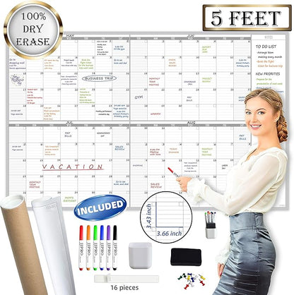 Large Dry Erase Wall Calendar 60" x 38" - Premium New Laminate - Blank Undated, Reusable & Erasable 4 Month Planner -Classroom, Office, Project & Family Schedule