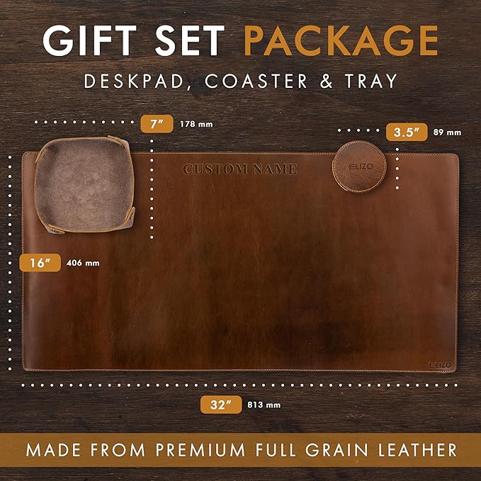 ELIZO Personalized Custom Desk Pad Set Real Leather Desk Mat Mouse Pad Unique Gifts for Him Her Leather Gifts for Men Women Engraved Embossed Monogrammed Corporate Gifts