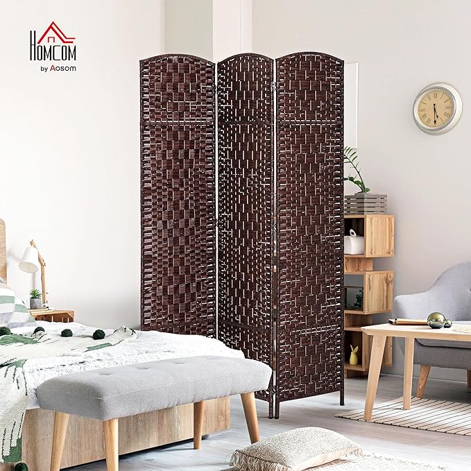HOMCOM Room Divider, 3 Panel Folding Privacy Screen, 6FT Tall Portable Wicker Weave Partition Wall Divider for Bedroom, Home Office, Brown