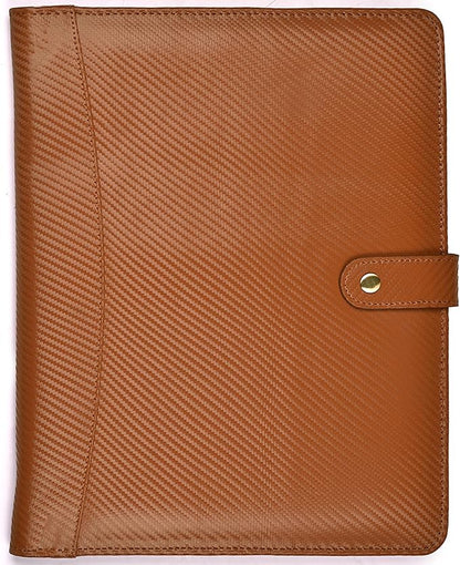 LEATHER VILLAGE Portfolio Professional Organizer – Carbon Fiber Genuine Leather Padfolio Resume Folder for A4 Letter Pad with Pen Holder, Business Card Slots & Writing Pad – Ideal for Men & Women-Tan
