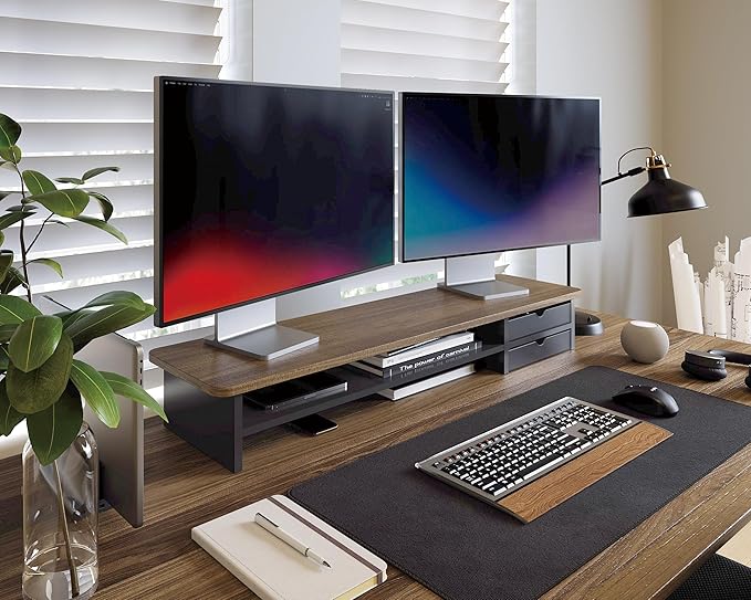 Fenge Monitor Stand, Dual Monitor Riser, 42.5inch Large Desk Computer Monitor Stand Riser with Drawer, 2 Tier Wood & Acrylic Desktop Organizer for Computer, Laptop, Printer, TV Screen Riser