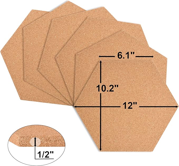 SUNGIFT Hexagon Cork Board Tiles Self Adhesive 6 Pack - 1/2" Thick Corkboards for Wall 12" x 10.2" Memo Boards Pin Board Decorative Bulletin Board for Office Home Kitchen - 50 Multi-Color Push Pins