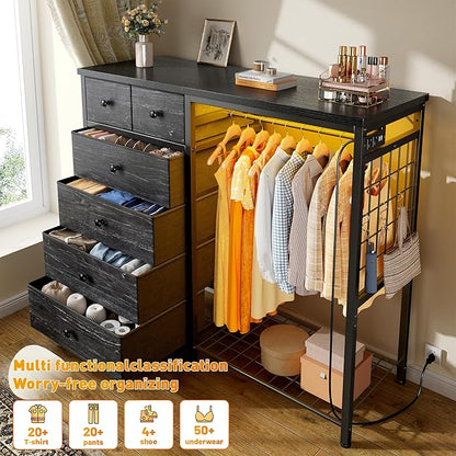 EnHomee 49.2" W Dresser for Bedroom with Hanging Rack 6 Drawers Dresser with LED Lights & Charging Station, Fabric Dressers & Chest of Drawers with 4 Hooks, Wooden Top, Grid Panel, Black