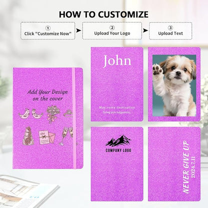Custom Notebook and Pen Set - Personalized Cover with Logo/Text/Photo, Glitter Design & Rose Gold Accents, Customizable Journal with Matching Pen for Gifts/Office/School, Make It Unique, RoseRed
