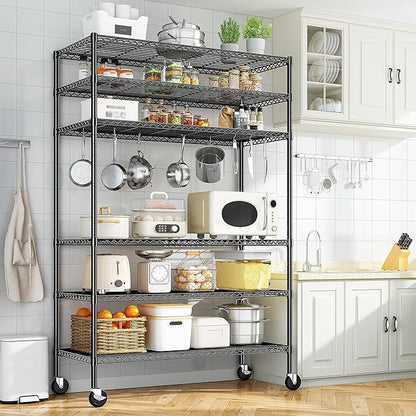 Romorgniz 82" H X45 W X18 D Storage Shelves with Wheels, 6 Tier Wire Shelving Adjustable Metal Shelving Pantry Shelves Capacity 1200LBS for Garage Shelving, Pantry, Kitchen, Closet, Black,2P