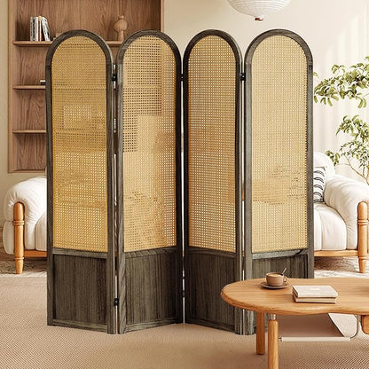 Asnefeli 4 Panel Room Divider Wall, Folding Privacy Screen, Foldable Wood Divider Room Dec, Rattan Room Divider, Portable Partition Screen, Wall Divider for Room Separation Home Office (Brown)