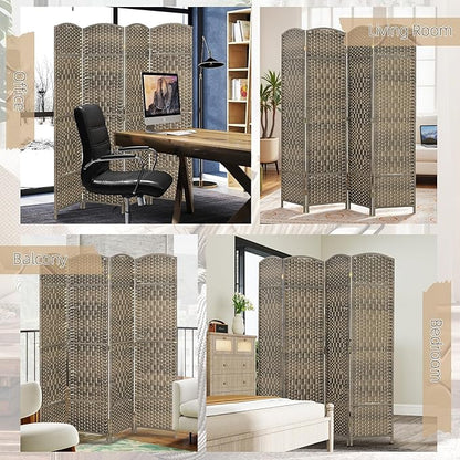 HOMCOM 4 Panel Room Divider, 6' Tall Folding Privacy Screen, Hand-Woven Freestanding Wall Partition for Home Office, Bedroom, Dark Rustic Oak