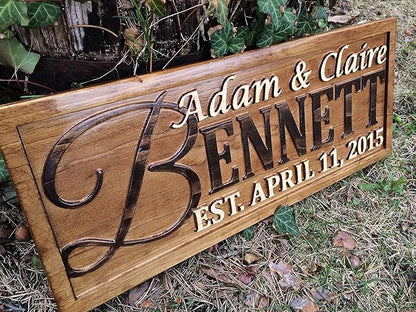 Personalized Family Name Sign Personalized Wedding Gifts Wall Art Rustic Home Decor Custom Carved Wooden Signs Couples 5 Year Wood Anniversary