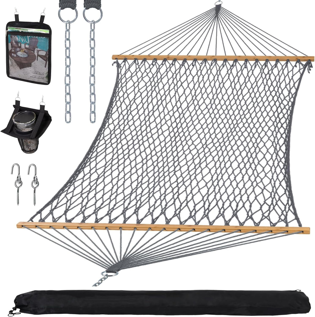 Double Outdoor Hammock, Polyester Rope Hammock with Strong Spreader Bar, Gray