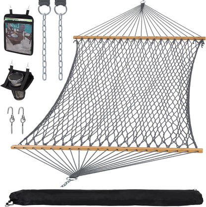 Double Outdoor Hammock, Polyester Rope Hammock with Strong Spreader Bar, Gray