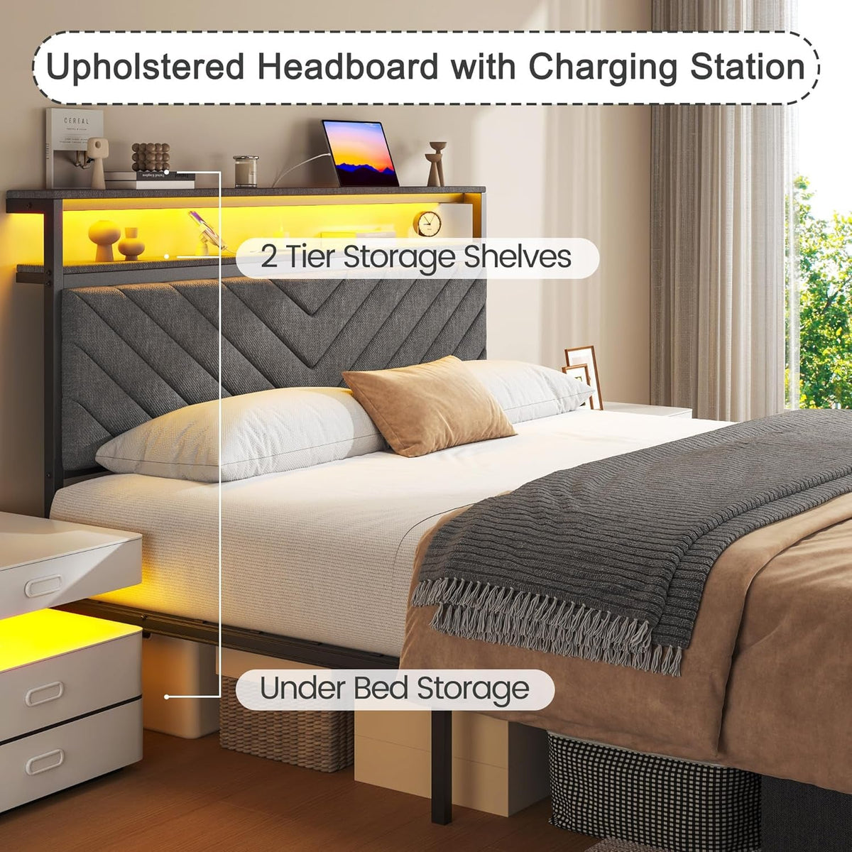 Queen Bed Frame with 2 Drawers, Upholstered Headboard with Storage and Charging Station, LED Lights, Fabric Drawers with Wheels, under Bed Storage, No Box Spring Needed, Easy Assembly, Grey
