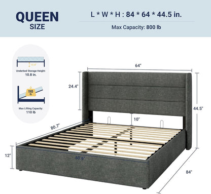 Queen Size Lift up Storage Bed, Modern Wingback Headboard, Hydraulic Support, No Box Spring Needed, Dark Grey