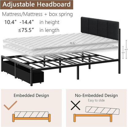 Full Size Bed Frame with Headboard, Upholstered Full Bed Frame with LED Light, USB Charging Station, Platform Bedframe with 2 Fabric Underbed Storage Drawers, No Spring Box Needed