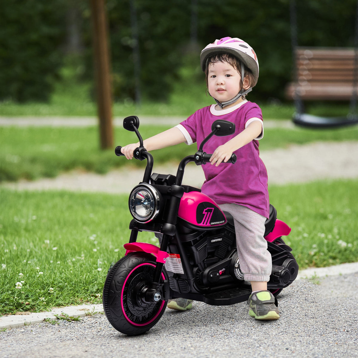 6V Kids Motorcycle w/ Training Wheels, Single-Button Start, Pink