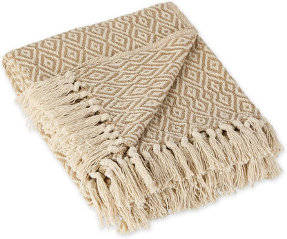 Rustic Farmhouse Double Diamond Woven Throw, 50X60, Stone