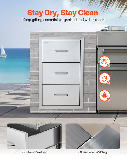 17W x 30H x 21D Inch Outdoor Kitchen Stainless Steel Double Access Drawers with Paper Towel Holder Combo for BBQ Island or Grill Station