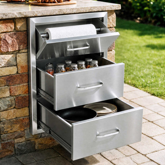 17W x 30H x 21D Inch Outdoor Kitchen Stainless Steel Double Access Drawers with Paper Towel Holder Combo for BBQ Island or Grill Station