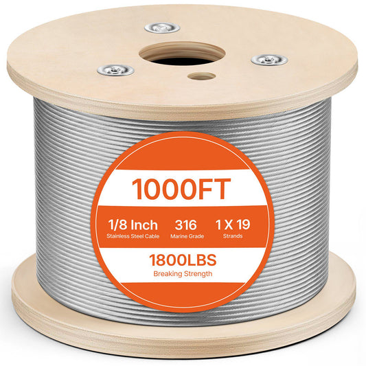 1/8" Stainless Steel Cable 1000FT, T316 1 x 19 Tighter Core Cable Railing System Wire Rope Aircraft Deck Railing Kit Fence Wire