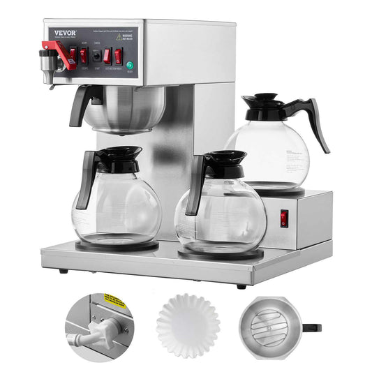 12 Cups Commercial Drip Coffee Maker, Coffee Maker Machine with 3 Glass Carafes and 3 Warmer Plates, Stainless Steel Pour Over Coffee Brewer for Restaurant, Office, Cafe