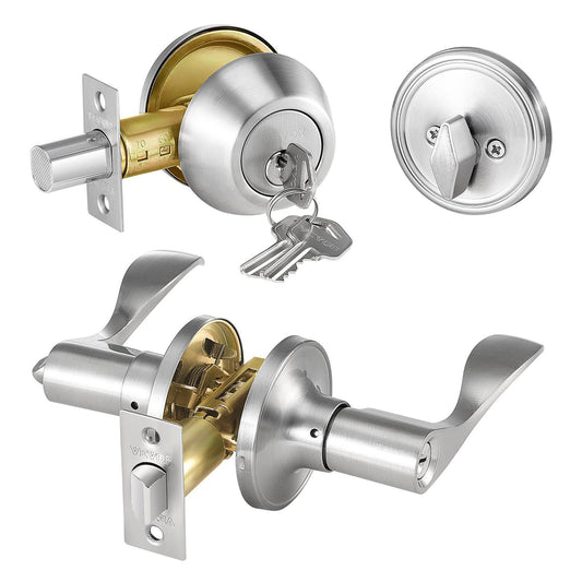 Entry Door Locksets with Deadbolt, 5 Pack Satin Nickel Entry Lever and Single Cylinder Deadbolt, Keyed Alike Combo Pack, Fit for 1-3/8" to 1-3/4" Door Thickness, for Entrance and Front Door