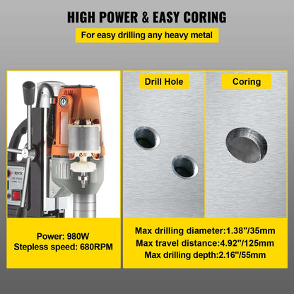 Magnetic Drill Magnetic Drilling Machine 980W, Metal Drill Press High Power  680 rpm, Multi-Function Metal Drill Press 35MM Core Drilling Machine for Drilling And Tapping
