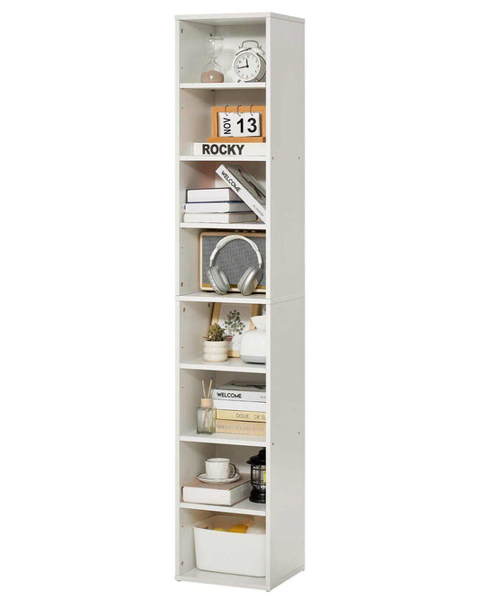 8 Tiers Narrow Bookshelf, 71 in Wooden Tall Open Bookcase with  Height-Adjustable Shelf, Freestanding Display Storage Floor Bookcase Bookshelf for Library, Bedroom, Living Room, Office, White