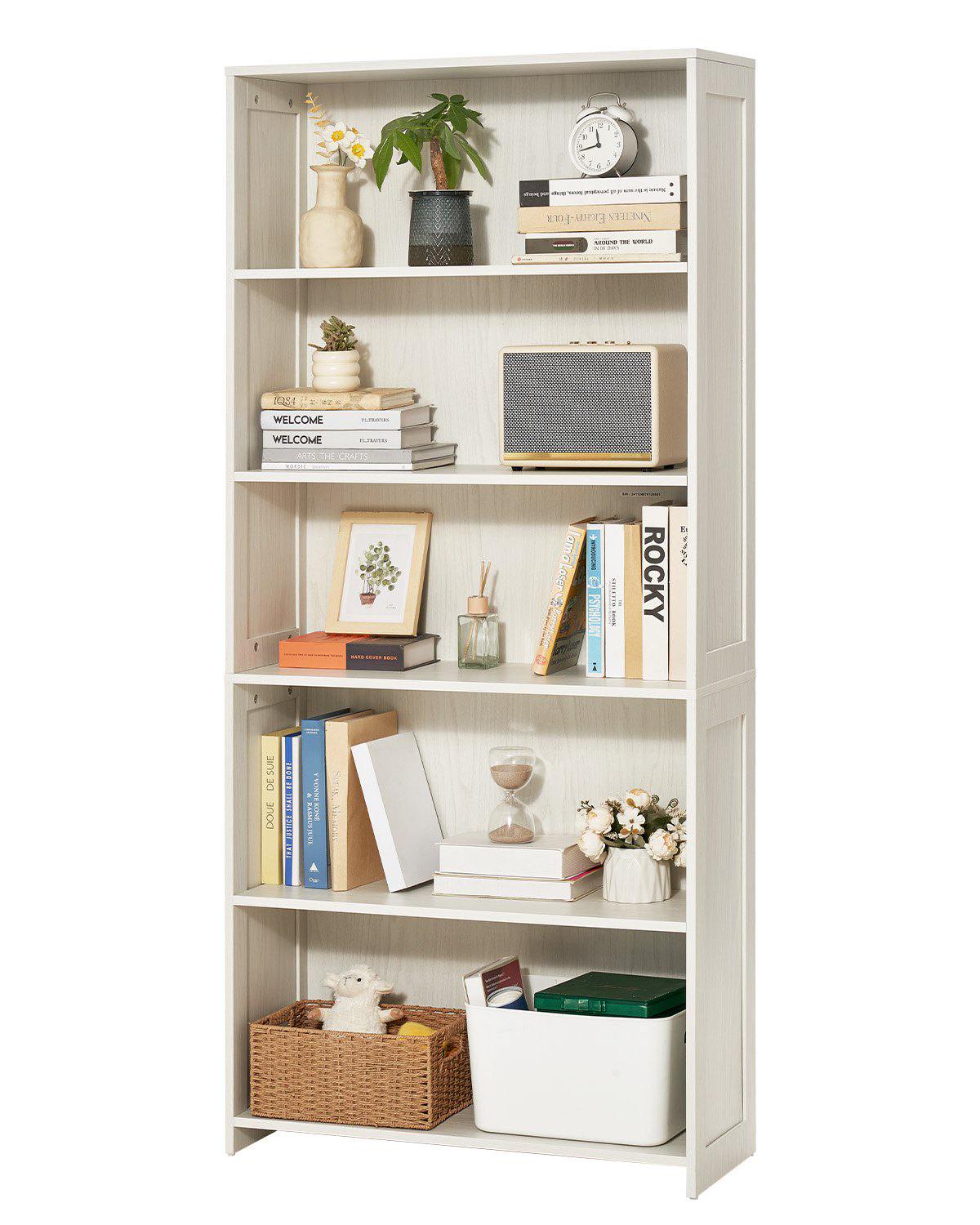 5 Tiers Wide Bookshelf, 68 in Wooden Open Bookcase with Display Storage Organizer Shelf, Freestanding Tall Display Floor Bookcase Bookshelf for Library, Bedroom, Living Room, Office, White