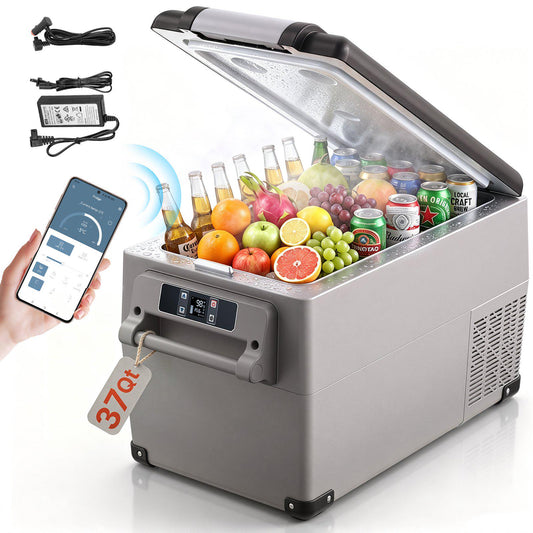 Portable Refrigerator 37 Quart(35 Liter),12 Volt Refrigerator App Control(-4℉~68℉), Car Refrigerator Dual Zone with 12/24v DC & 110-240v AC for Camping, Travel, Fishing, Outdoor or Home Use