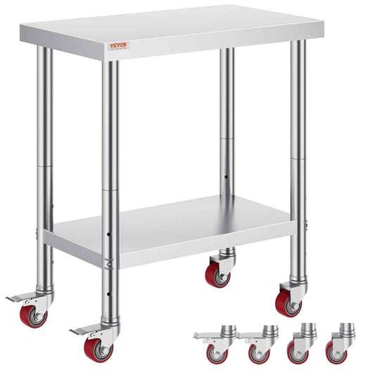 Stainless Steel Work Table 30 x 18 x 34 Inch, 700 LBS Load Capacity with 4 Wheels, 3 Adjustable Height Levels, Heavy Duty Food Prep Worktable for Commercial Kitchen Restaurant, Silver