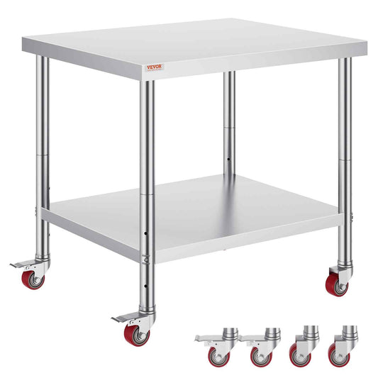 Stainless Steel Work Table 36 x 30 x 34 Inch, 700 LBS Load Capacity with 4 Wheels, 3 Adjustable Height Levels, Heavy Duty Food Prep Worktable for Commercial Kitchen Restaurant, Silver